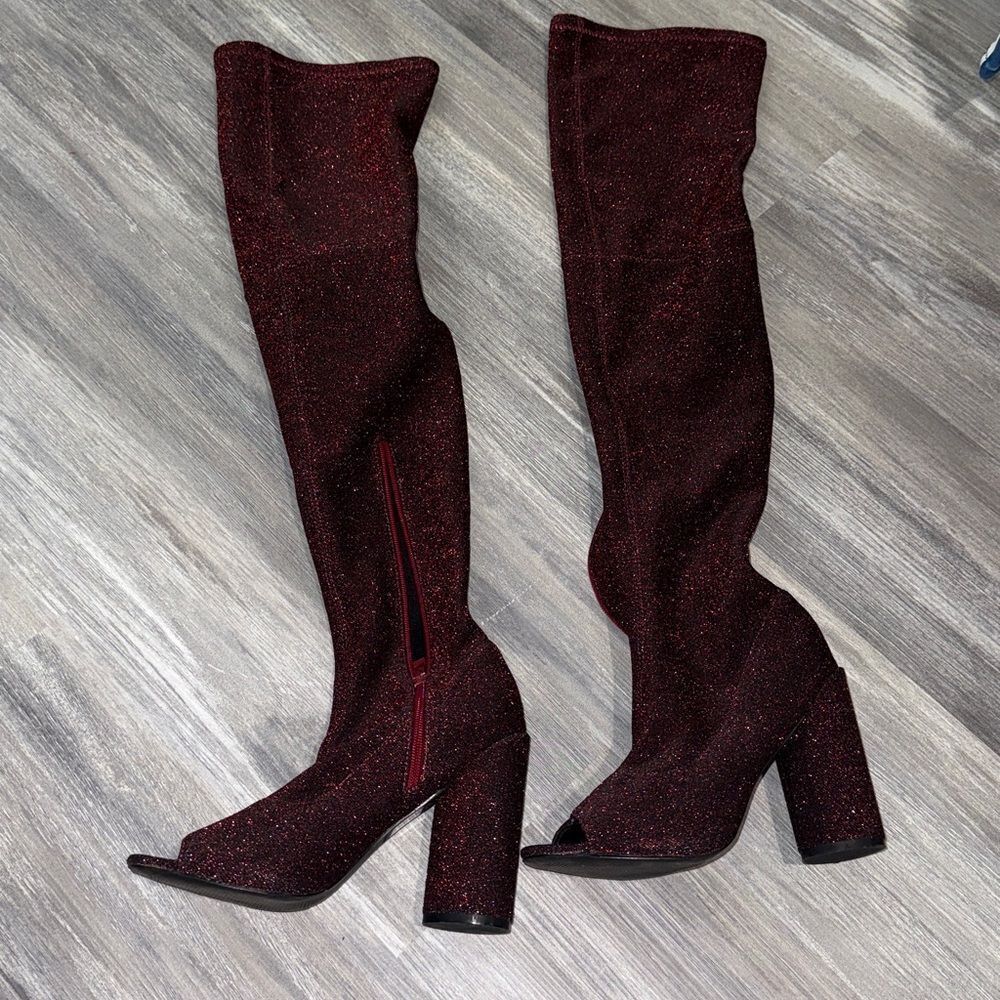 Burgundy Over-the-Knee Peep Toe Boots